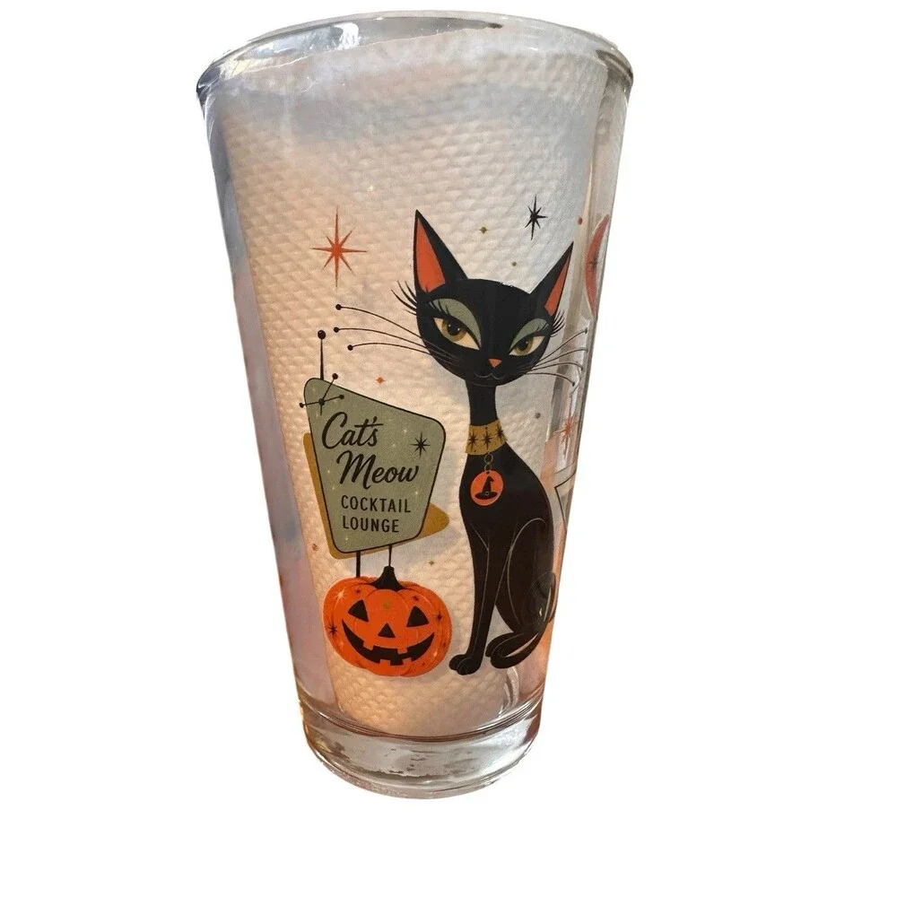 2- 16 oz Retro Halloween Black Cat Cocktail Glass, Heavy Pilsner Beer Glass